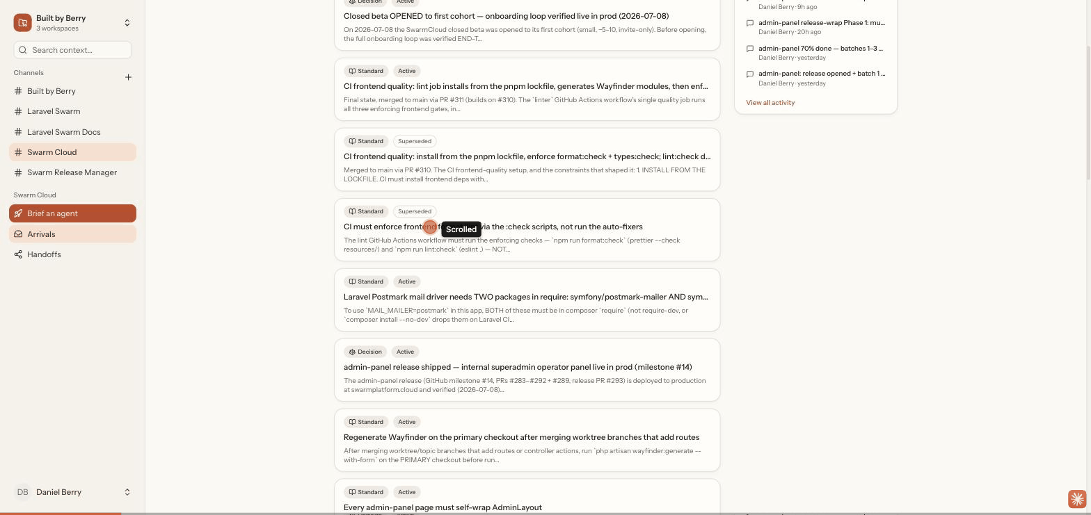 Swarm Platform walkthrough — a fresh chat pulls the channel's memory and answers grounded, with no brief pasted